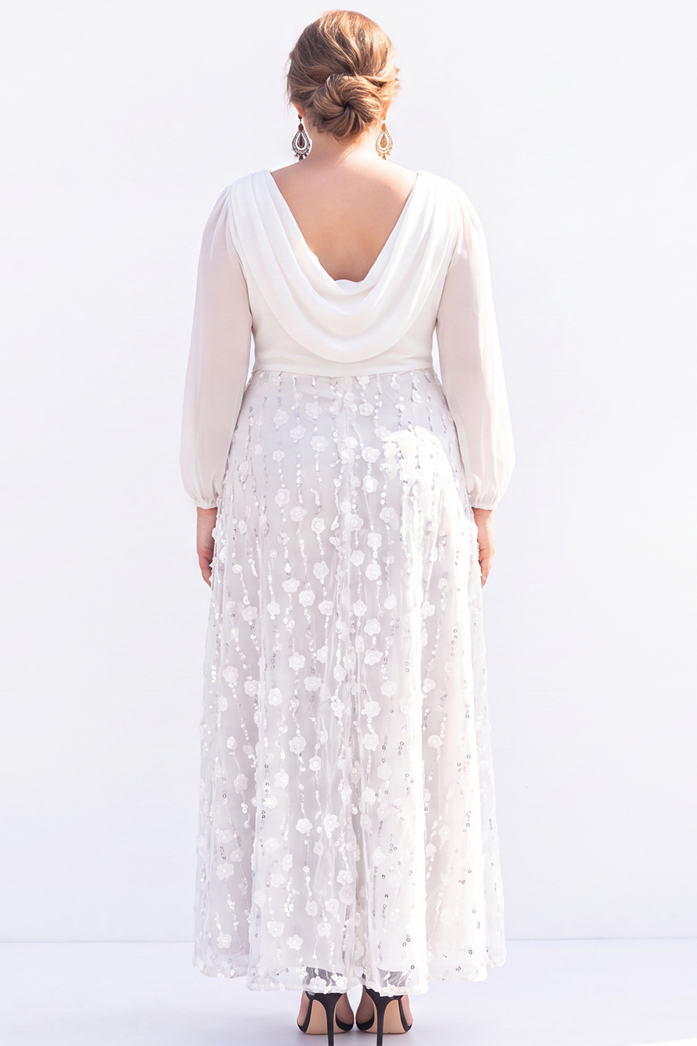 Black Sequin A Line Plus Size Formal Dress with Long Sleeves