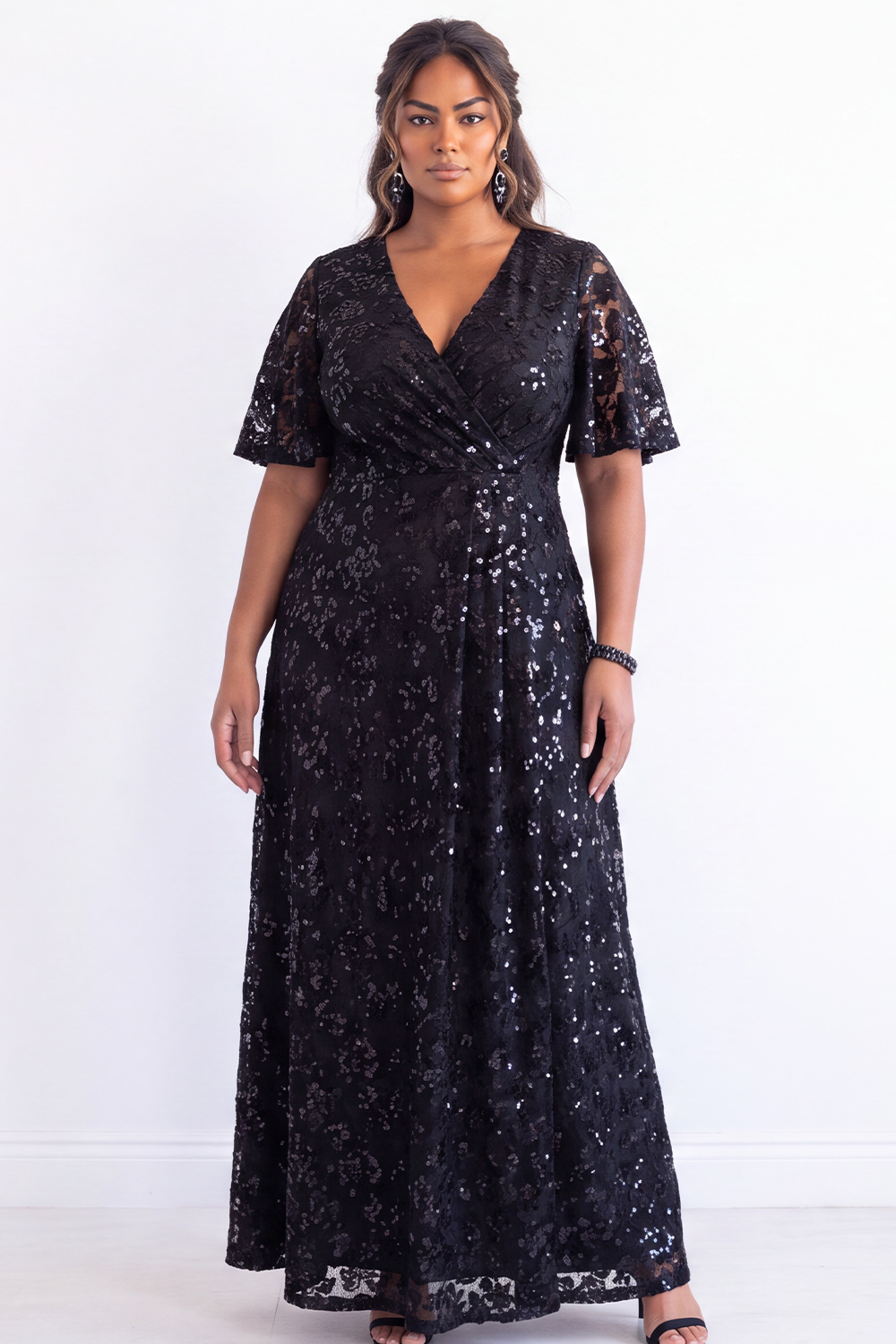 Plus Size Black Sequin A Line Formal Dress with Short Sleeves