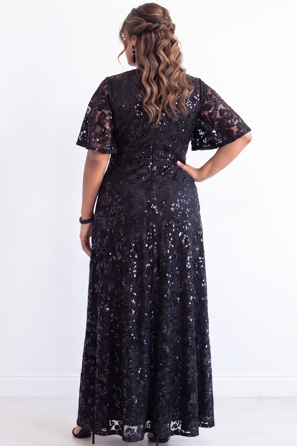 Plus Size Black Sequin A Line Formal Dress with Short Sleeves