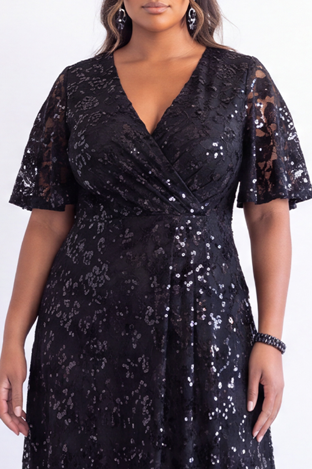 Plus Size Black Sequin A Line Formal Dress with Short Sleeves