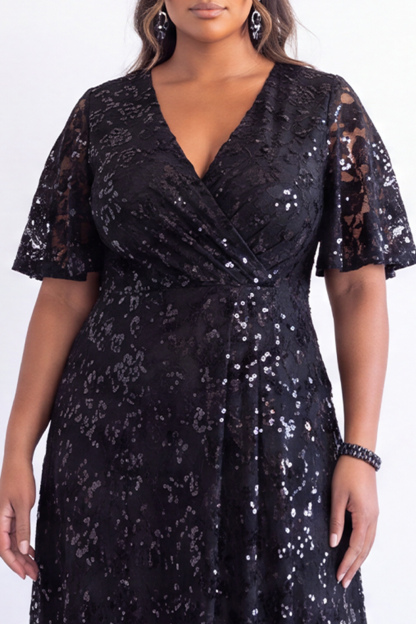 Plus Size Black Sequin A Line Formal Dress with Short Sleeves