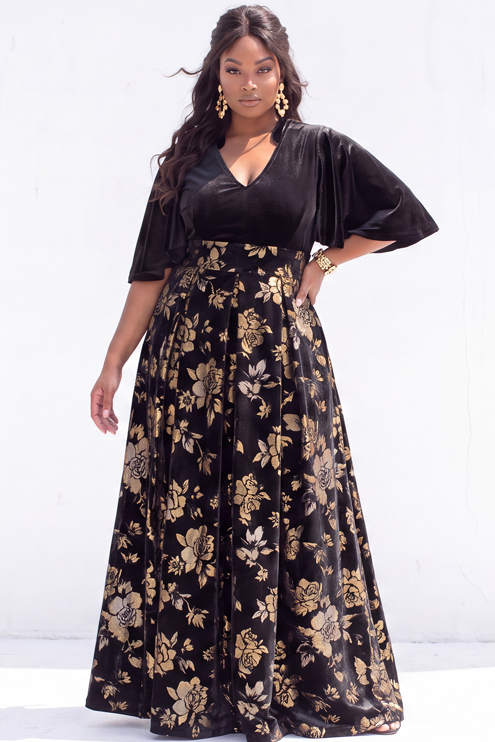 Plus Size Black Velvet Floral A line Formal Dress