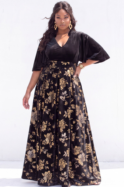 Dressself Women Plus Size Black Formal Dress Velvet Floral A Line Long Evening Dress with Half Sleeves