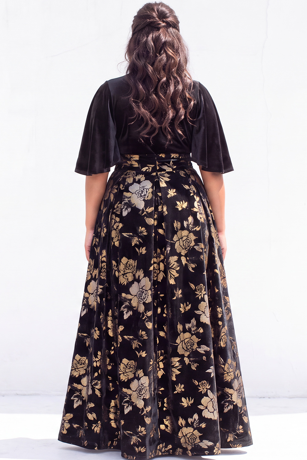 Plus Size Black Velvet Floral A line Formal Dress