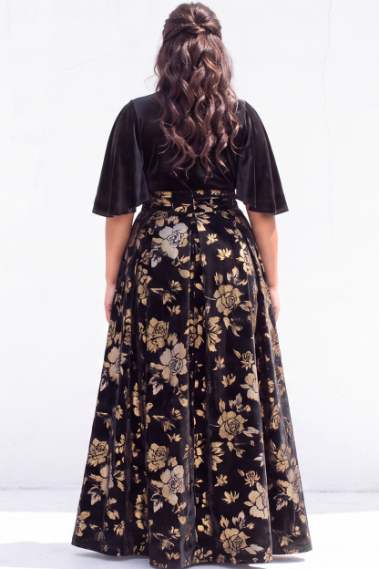 Plus Size Black Velvet Floral A line Formal Dress