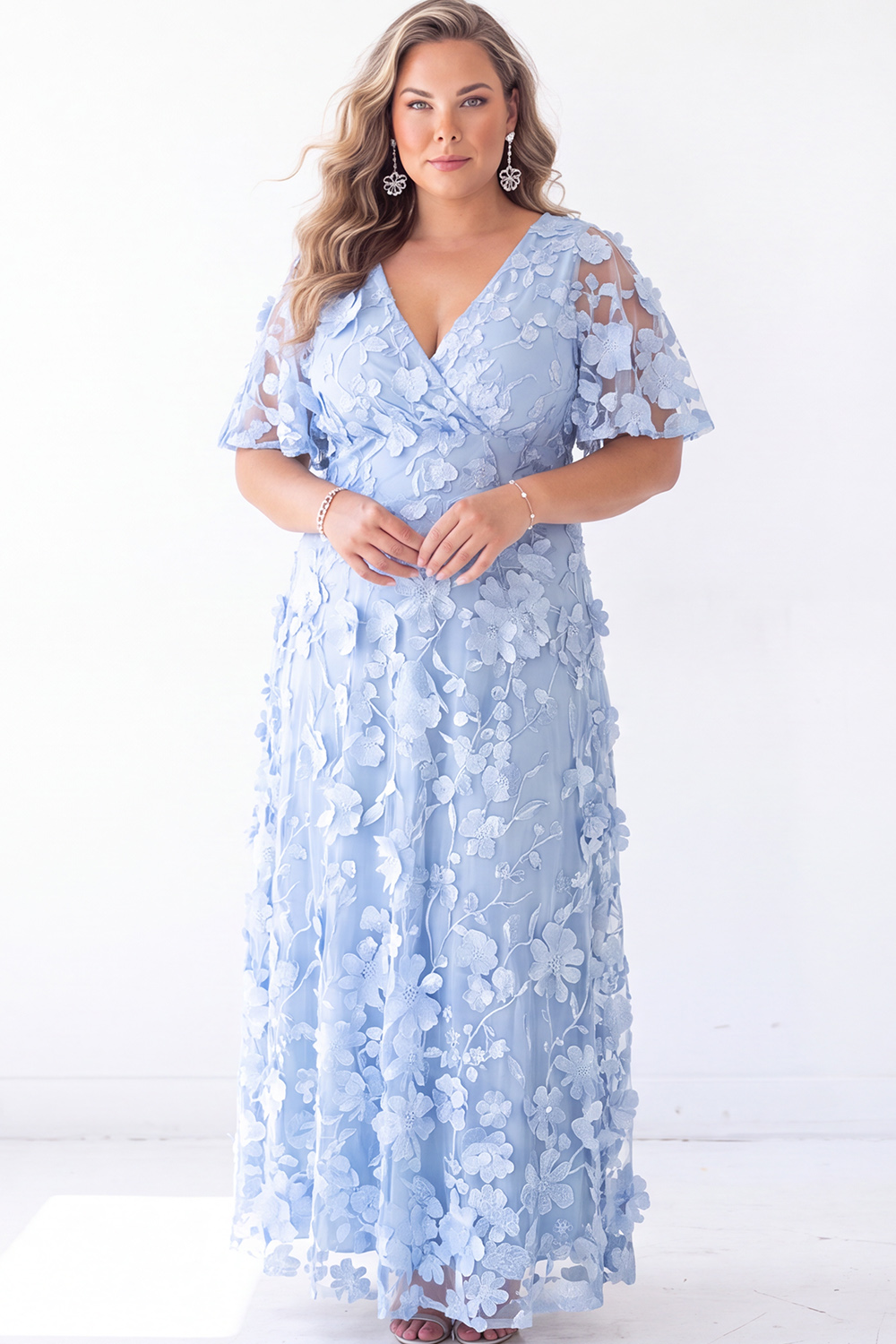 Blue Floral A Line V Neck Maxi Dress