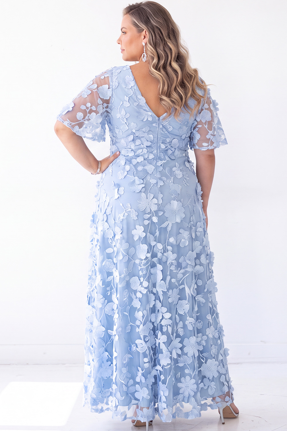 Blue Floral A Line V Neck Maxi Dress