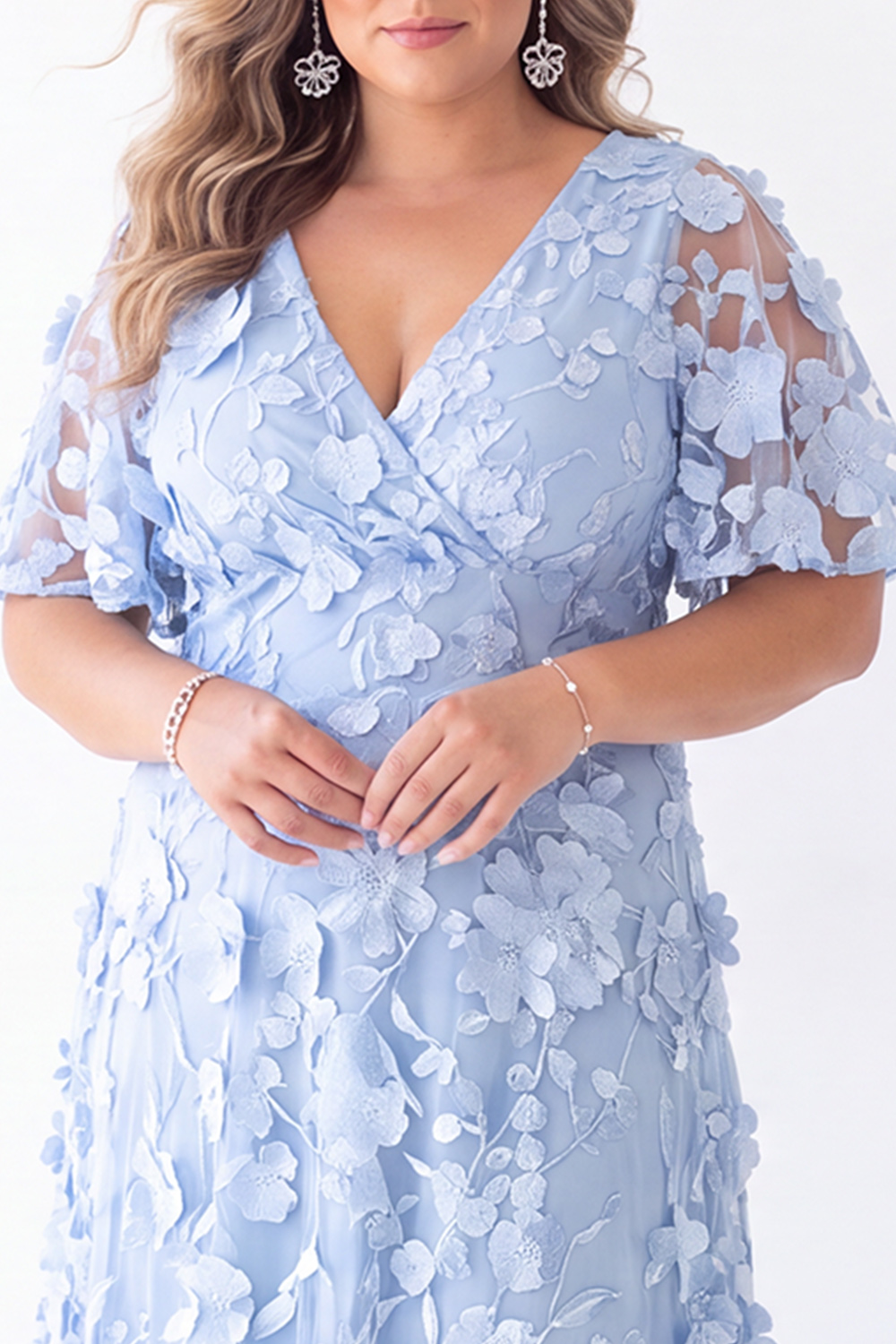 Blue Floral A Line V Neck Maxi Dress