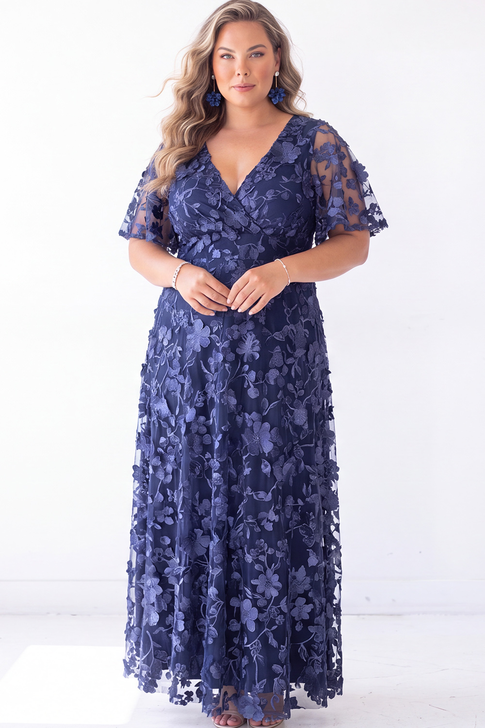 Blue Floral A Line V Neck Maxi Dress