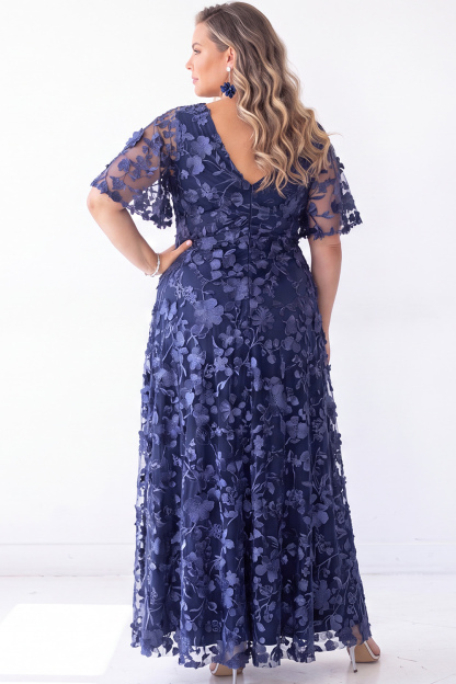 Blue Floral A Line V Neck Maxi Dress