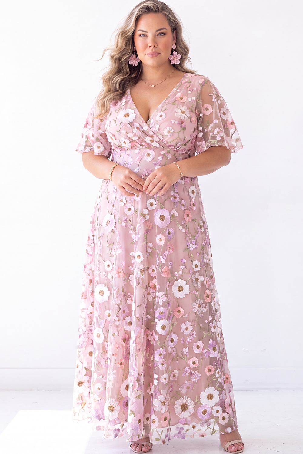 Blue Floral A Line V Neck Maxi Dress