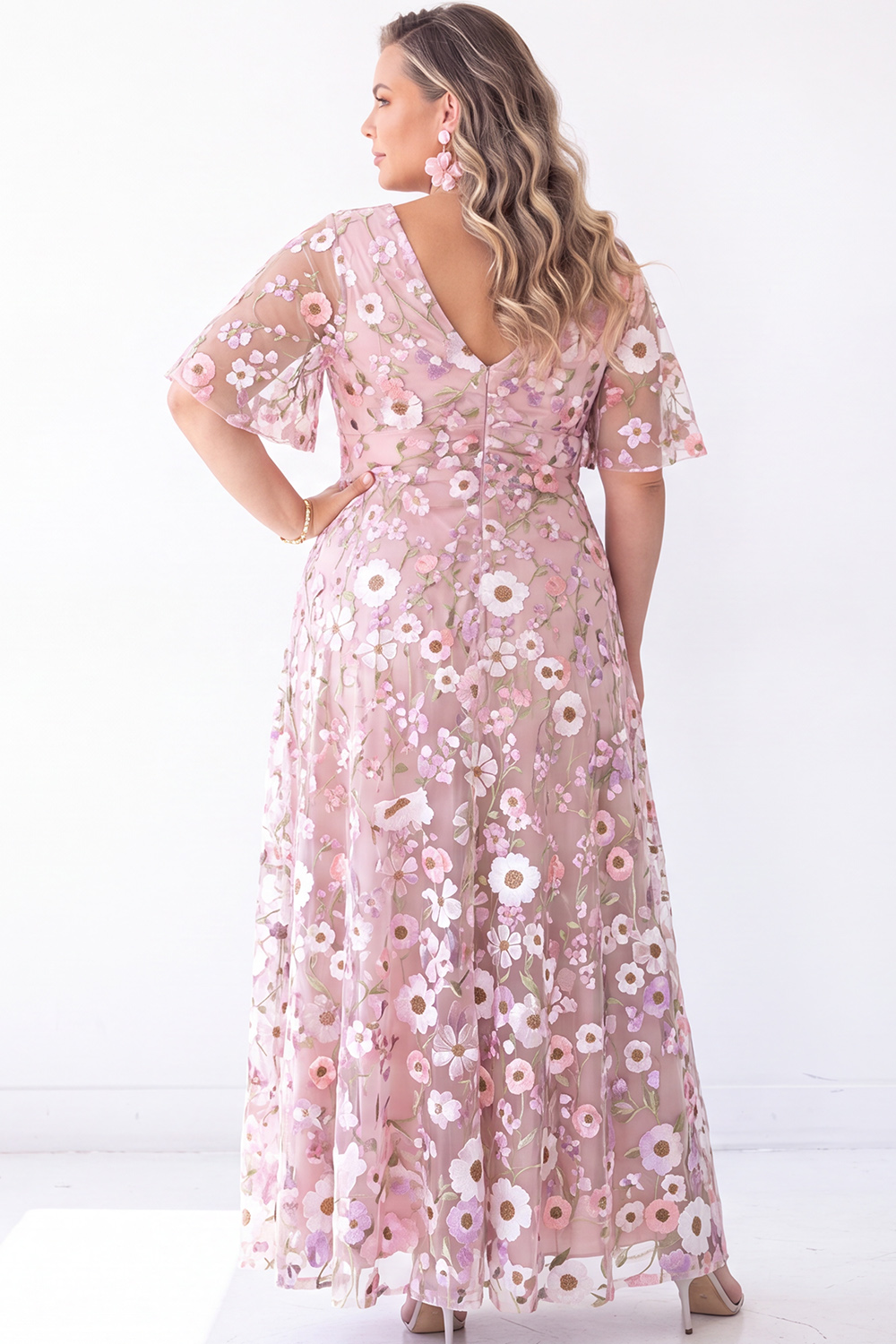 Blue Floral A Line V Neck Maxi Dress