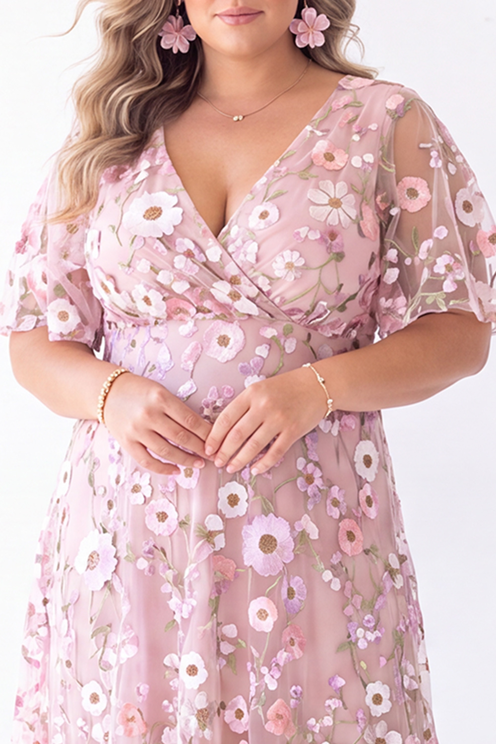 Blue Floral A Line V Neck Maxi Dress