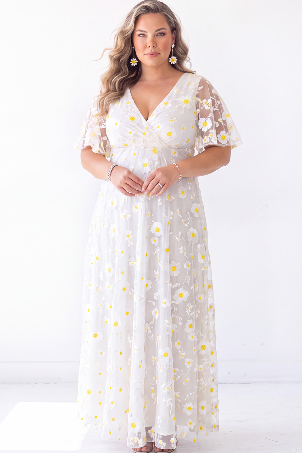 Blue Floral A Line V Neck Maxi Dress