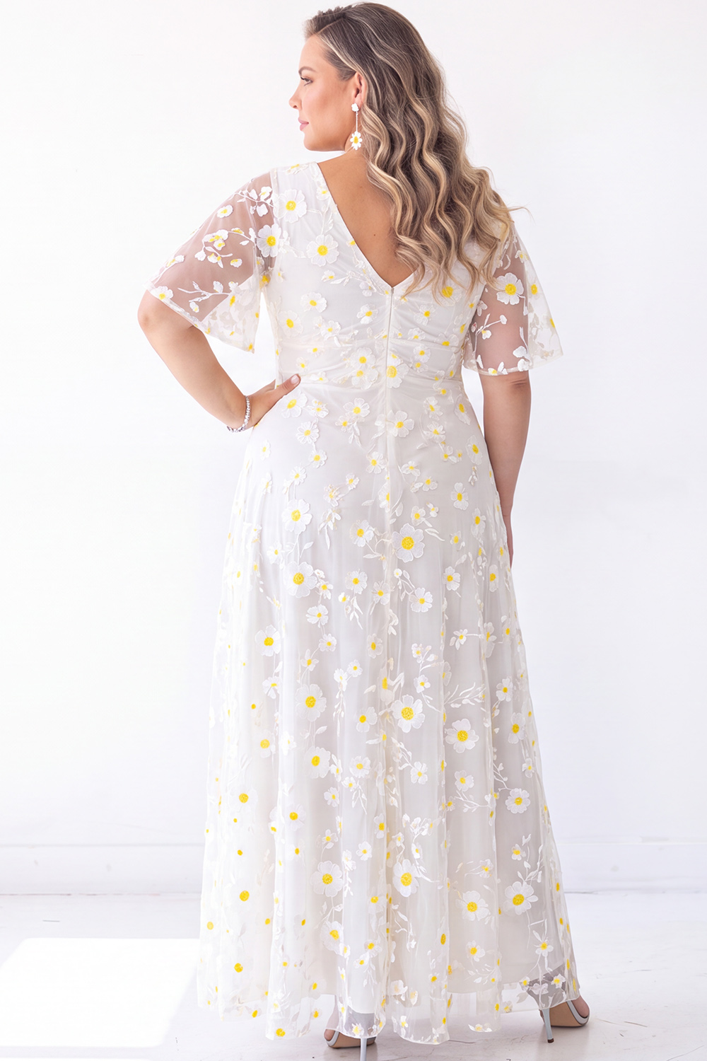 Blue Floral A Line V Neck Maxi Dress