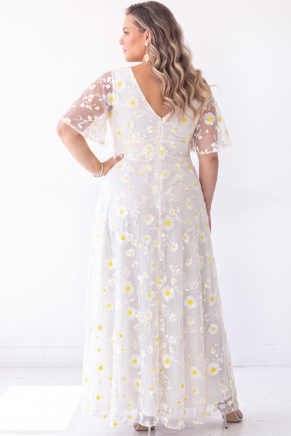 Blue Floral A Line V Neck Maxi Dress