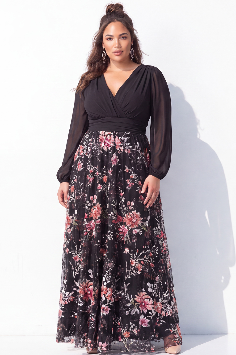 Black Floral Long Sleeve A Line Plus Size Formal Dress
