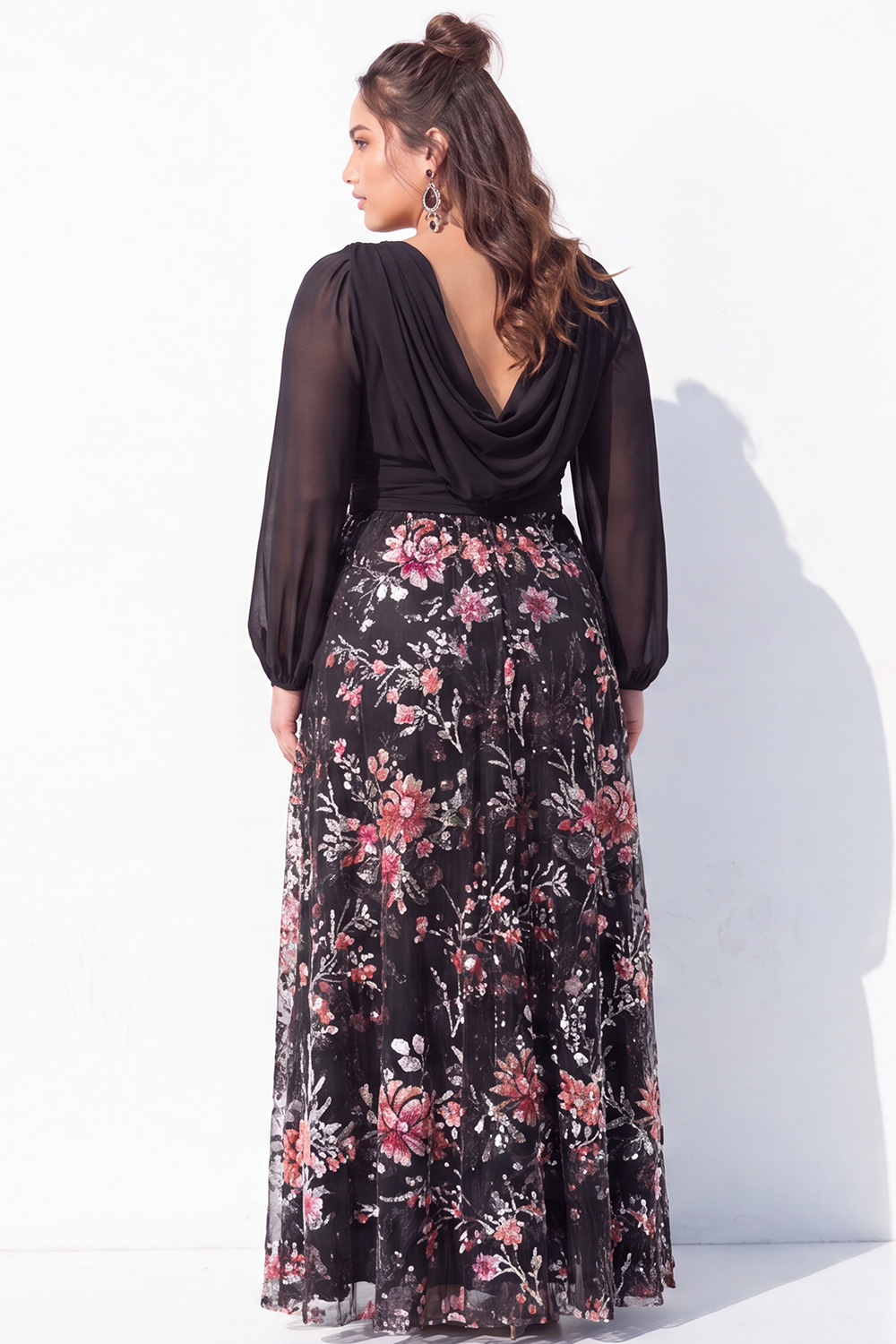 Black Floral Long Sleeve A Line Plus Size Formal Dress