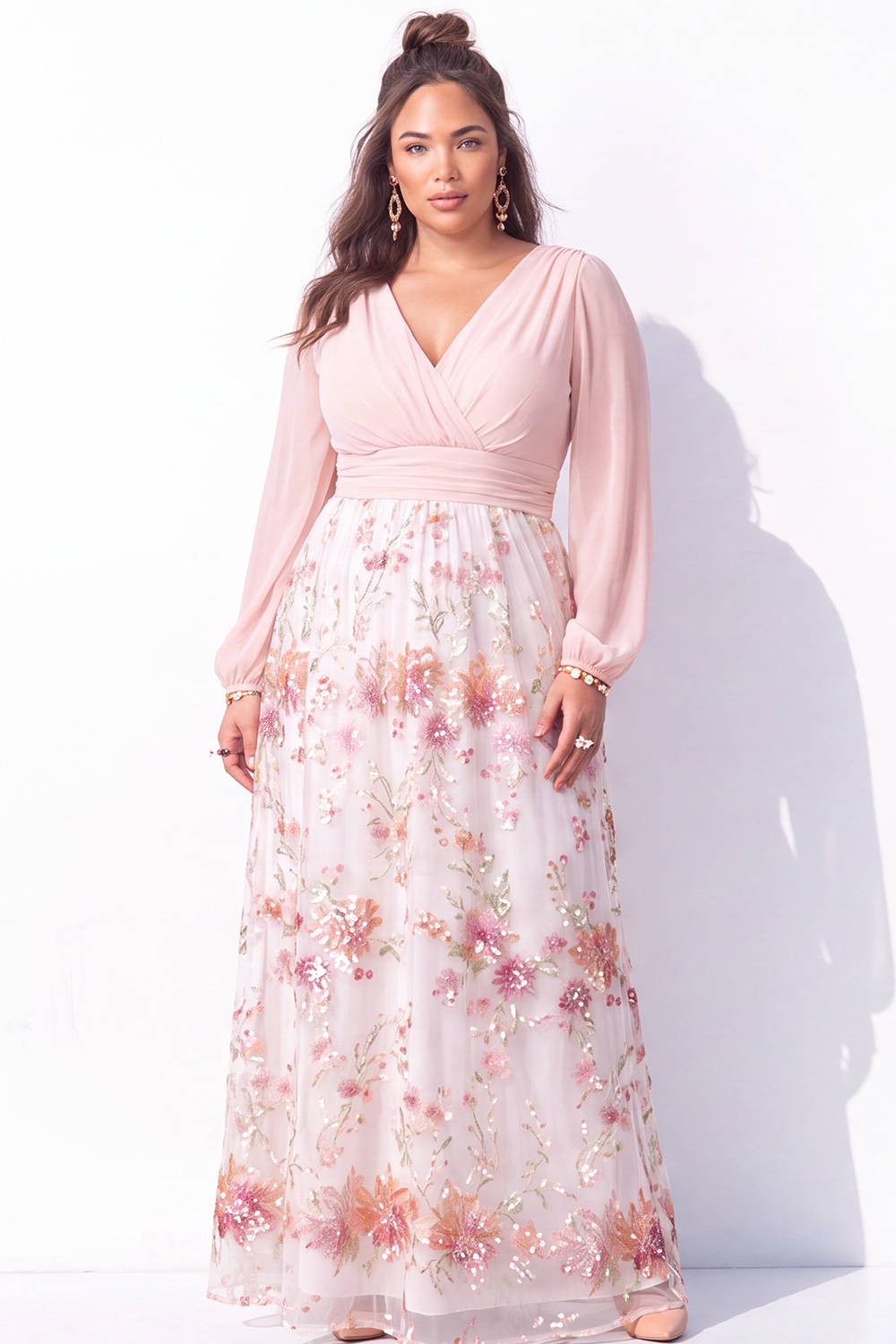 Black Floral Long Sleeve A Line Plus Size Formal Dress