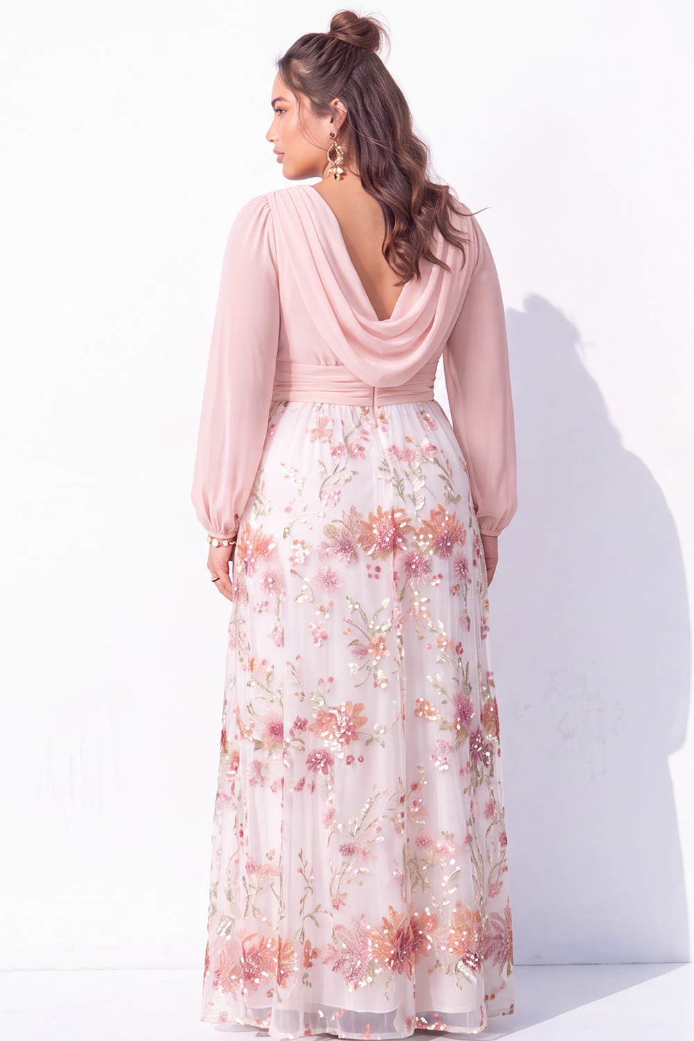 Black Floral Long Sleeve A Line Plus Size Formal Dress