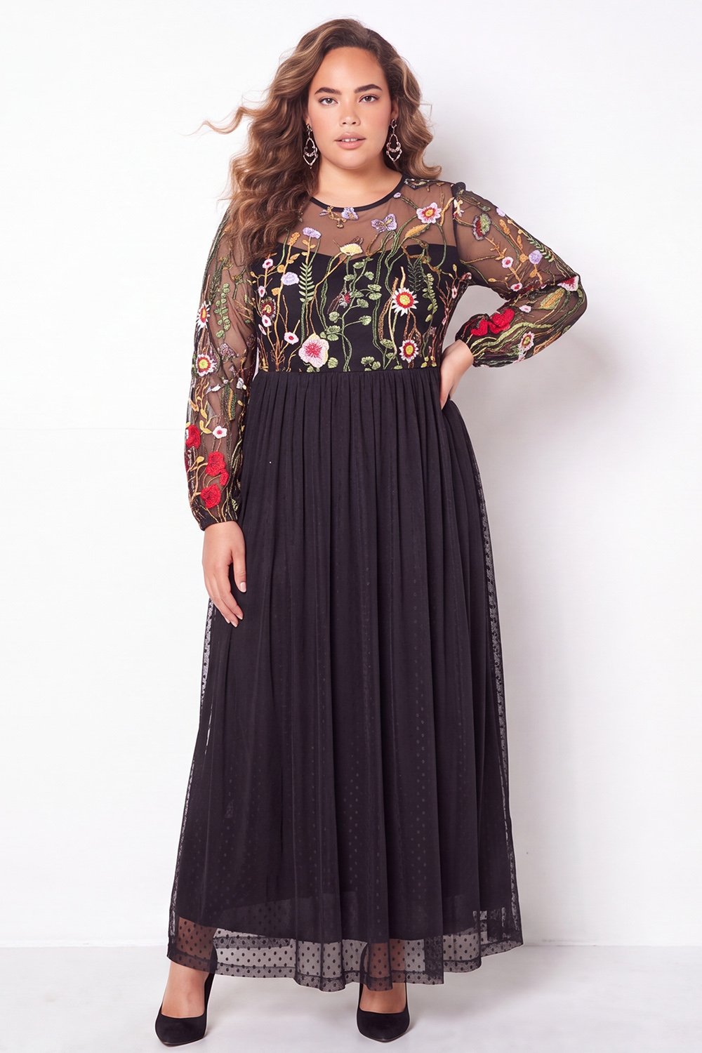 Black Embroidered Floral A Line Plus Size Maxi Dress