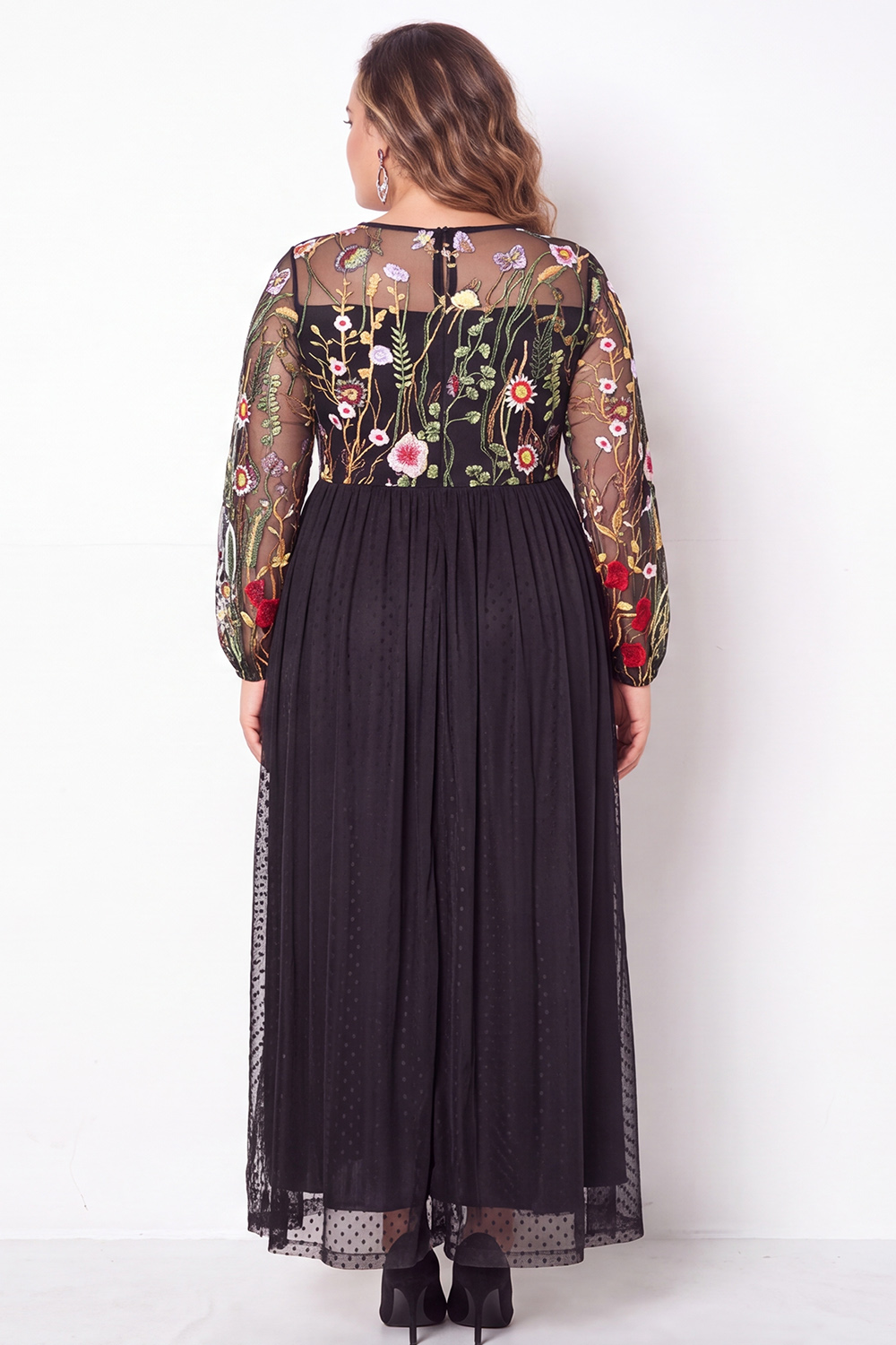 Black Embroidered Floral A Line Plus Size Maxi Dress