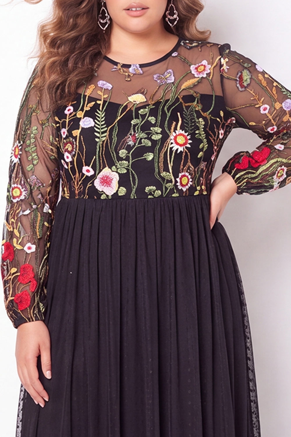 Black Embroidered Floral A Line Plus Size Maxi Dress