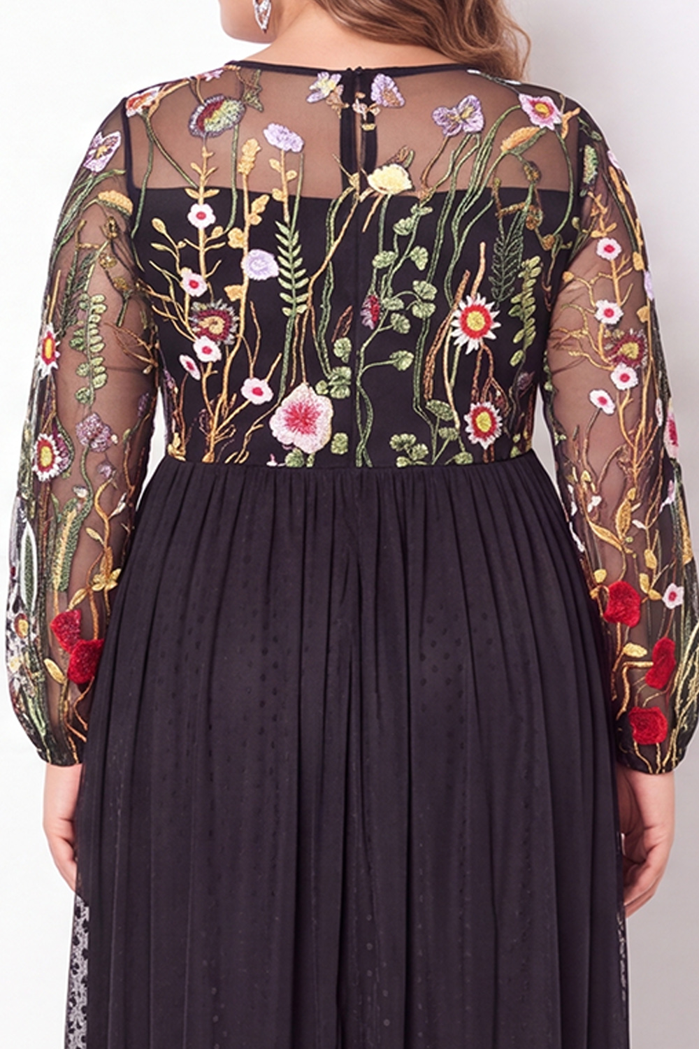 Black Embroidered Floral A Line Plus Size Maxi Dress