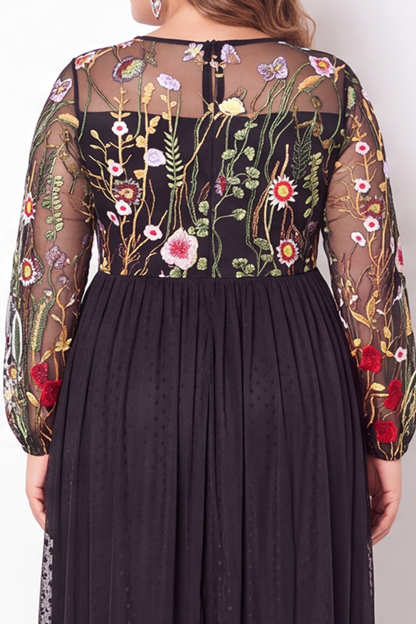 Black Embroidered Floral A Line Plus Size Maxi Dress