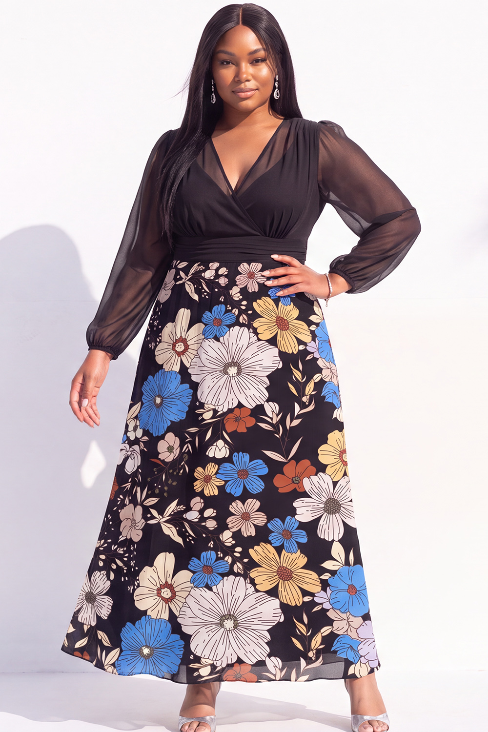 Plus Size Black Printed Floral Long Sleeve Maxi Dress