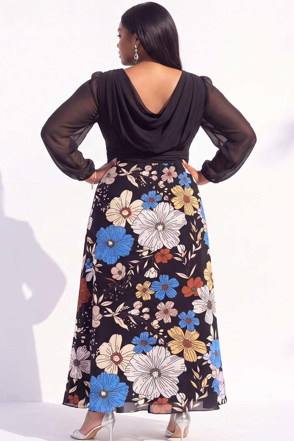 Plus Size Black Printed Floral Long Sleeve Maxi Dress