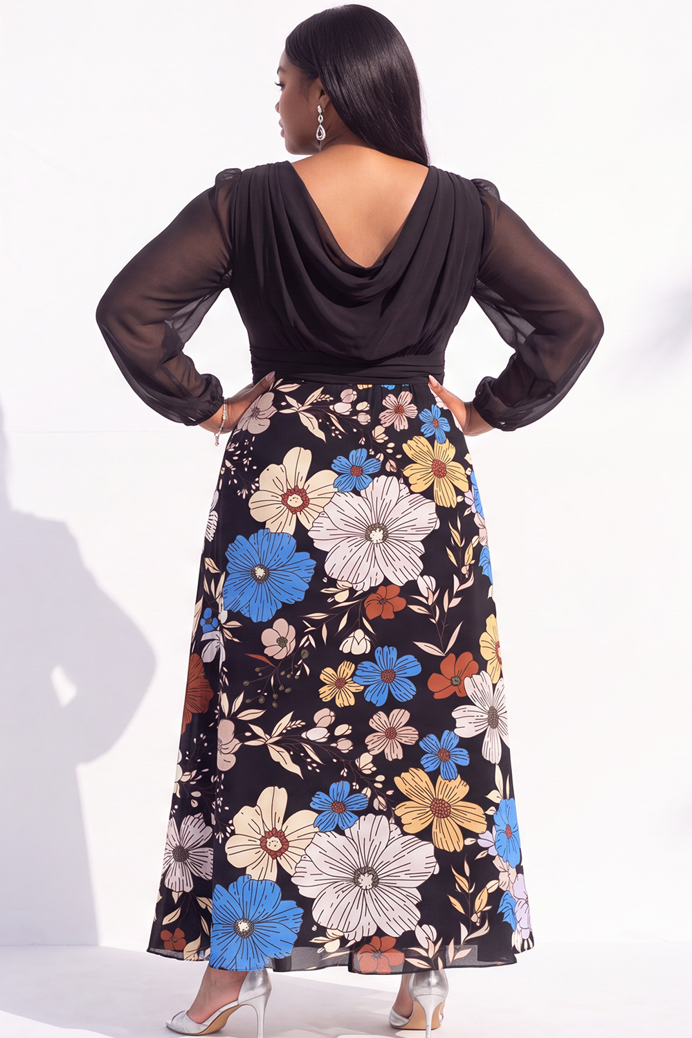 Plus Size Black Printed Floral Long Sleeve Maxi Dress