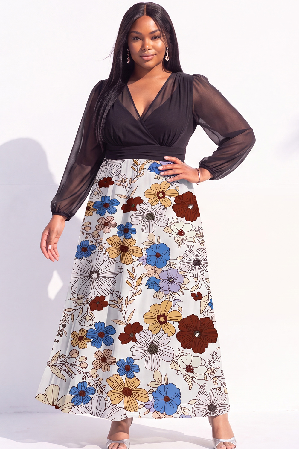 Plus Size Black Printed Floral Long Sleeve Maxi Dress