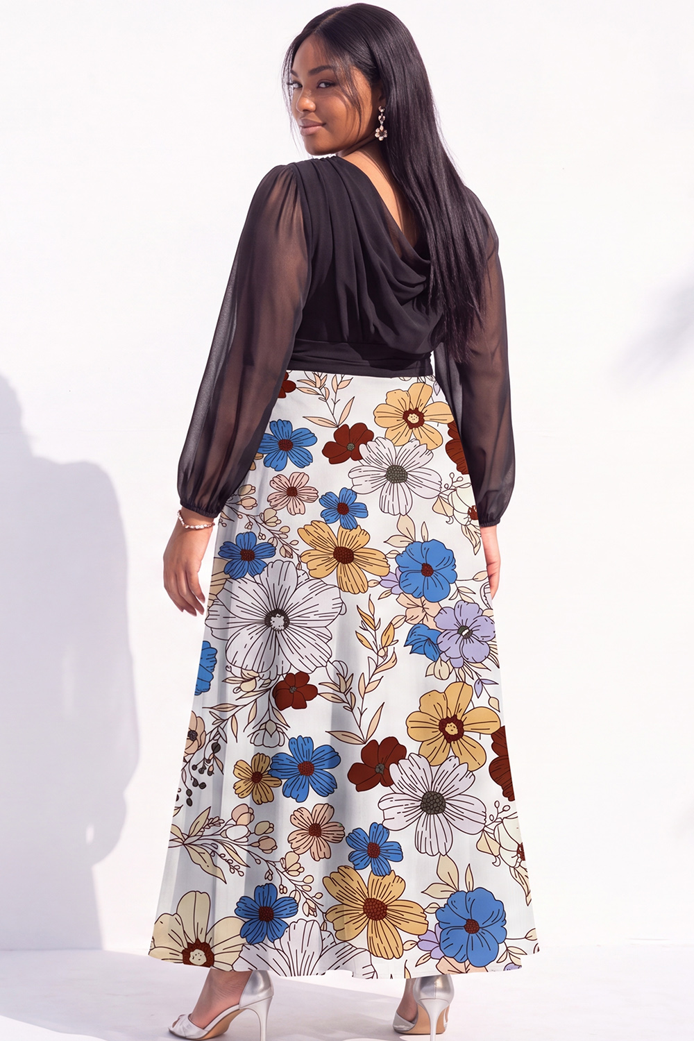 Plus Size Black Printed Floral Long Sleeve Maxi Dress
