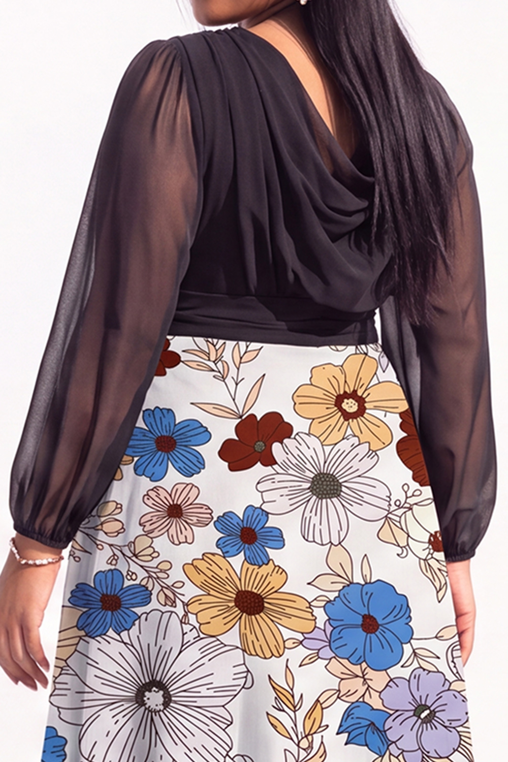 Plus Size Black Printed Floral Long Sleeve Maxi Dress