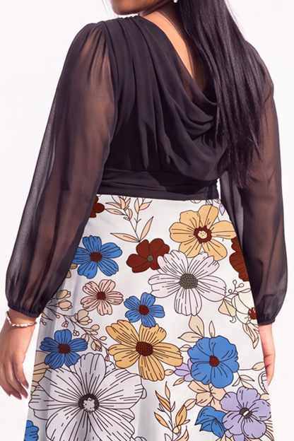 Plus Size Black Printed Floral Long Sleeve Maxi Dress