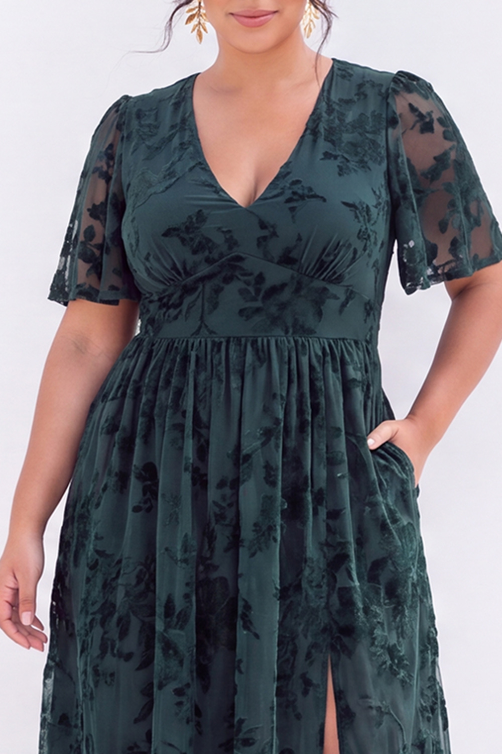 Dark Green Velvet Floral Plus Size Formal Dress with Slit