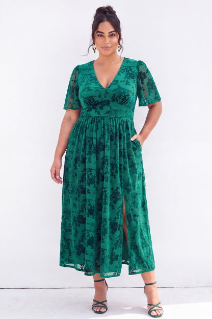 Dark Green Velvet Floral Plus Size Formal Dress with Slit