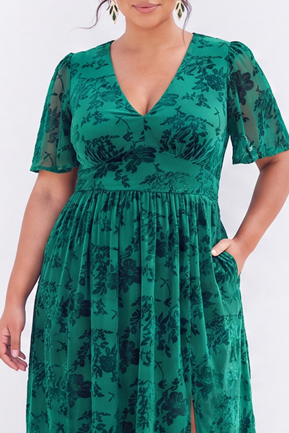 Dark Green Velvet Floral Plus Size Formal Dress with Slit