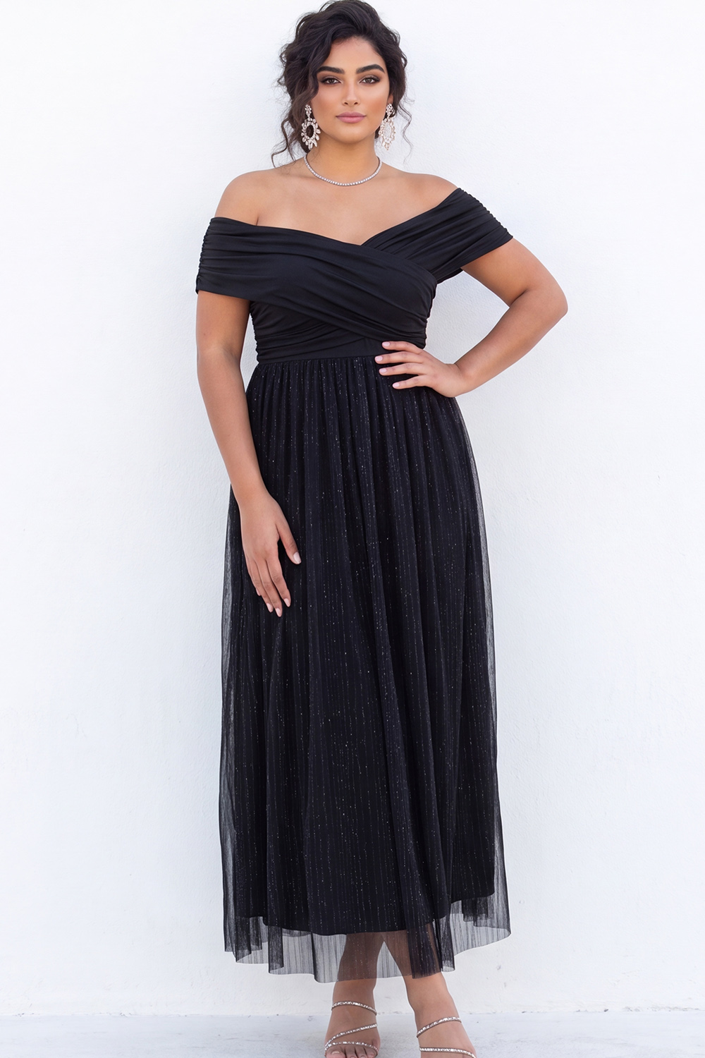 Glitter Black Off the Shoulder A Line Plus Size Formal Dress