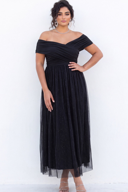 Dressself Women Glitter Black Plus Size Formal Dress Off the Shoulder A Line Long Evening Dress