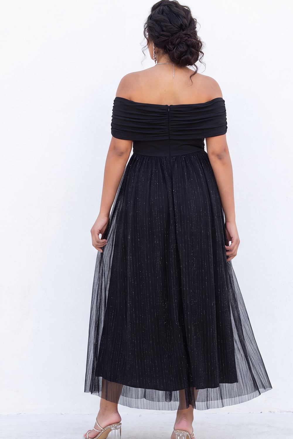 Glitter Black Off the Shoulder A Line Plus Size Formal Dress