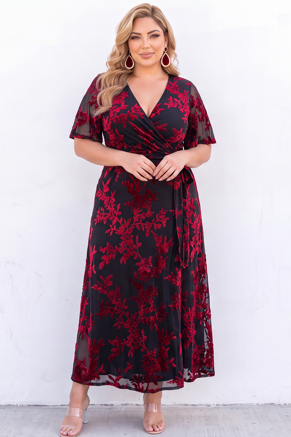 Plus Size Burgundy Velvet Floral A Line Formal Dress