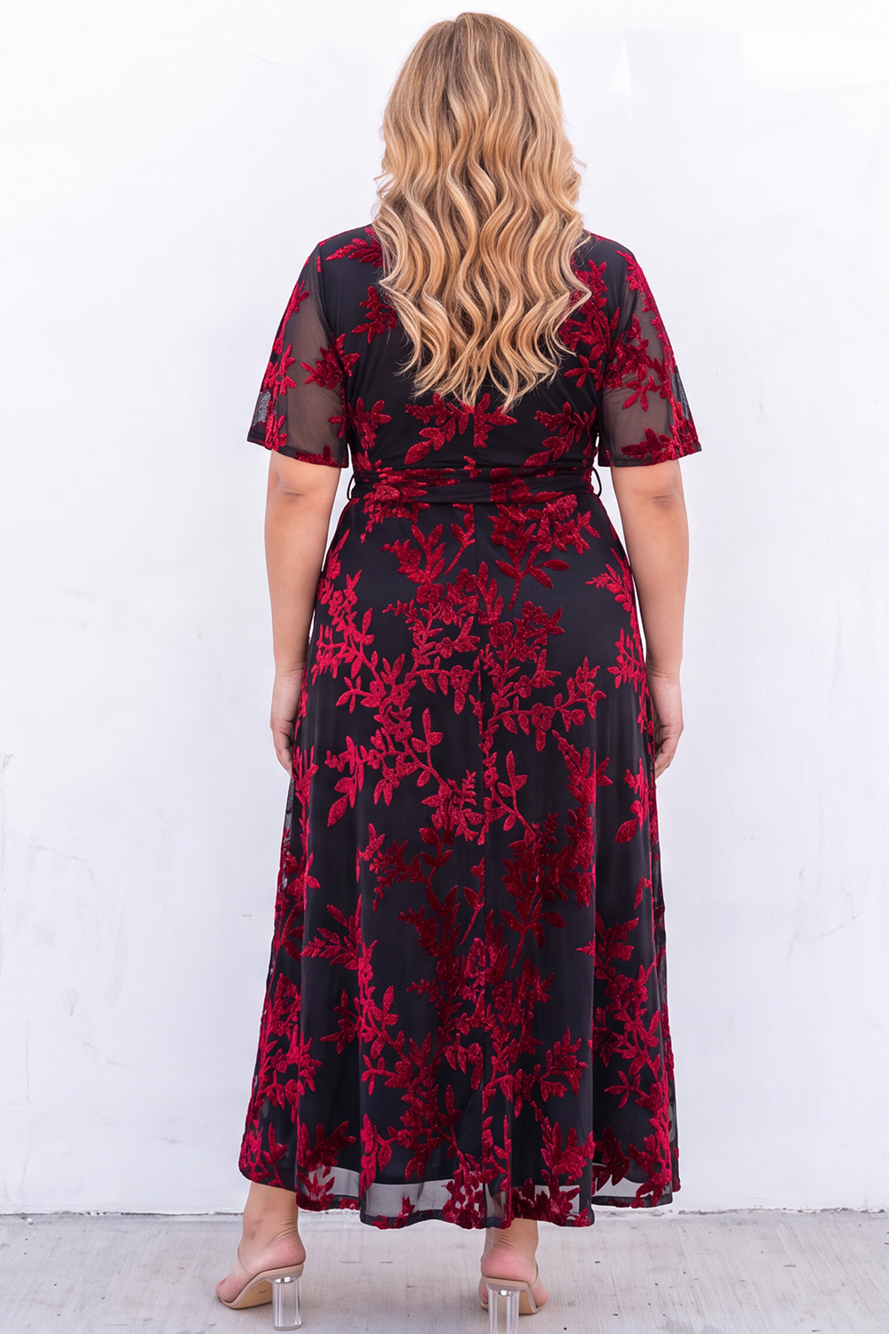 Plus Size Burgundy Velvet Floral A Line Formal Dress