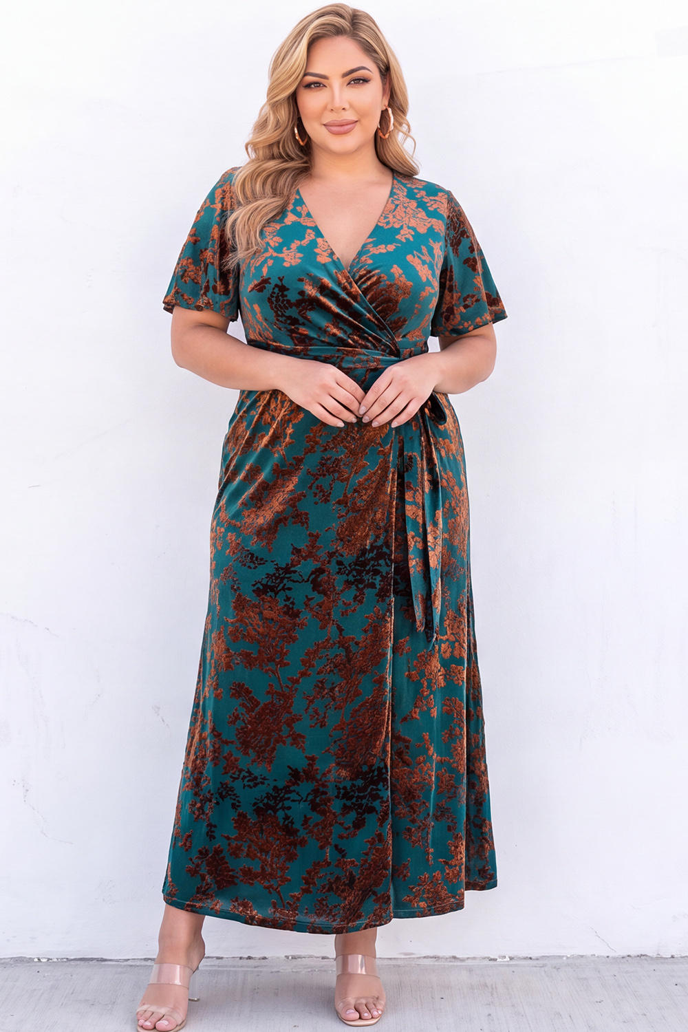 Plus Size Burgundy Velvet Floral A Line Formal Dress