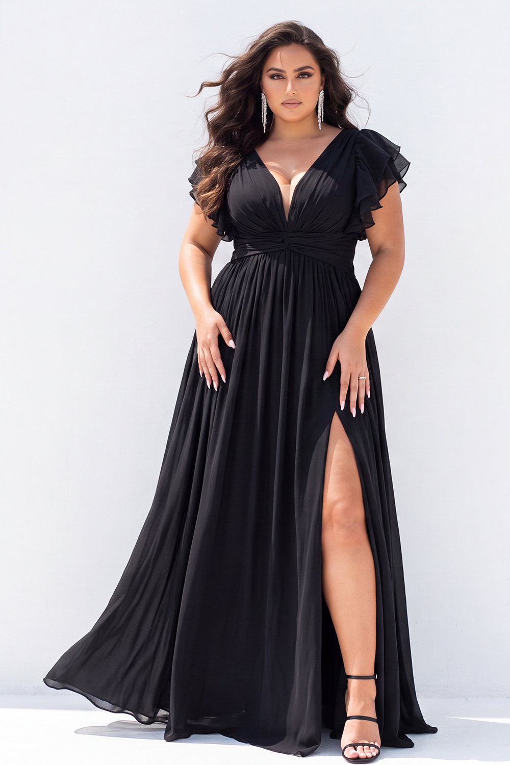 Plus Size Black V Neck A Line Long Formal Dress