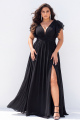Black V Neck A Line Ruffle Sleeve Plus Size Formal Dress with Slit