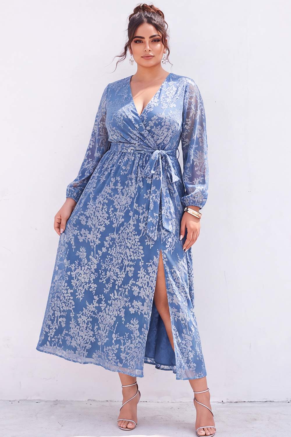 Plus Size Blue Floral A Line Mother of the Bride Dress with Slit