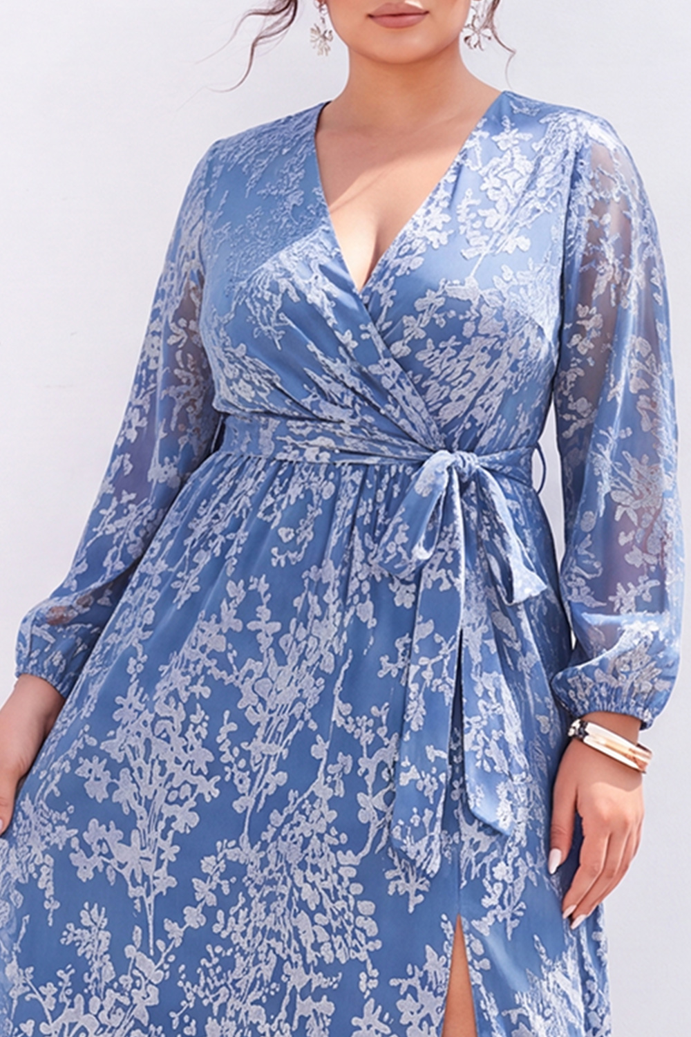 Plus Size Blue Floral A Line Mother of the Bride Dress with Slit