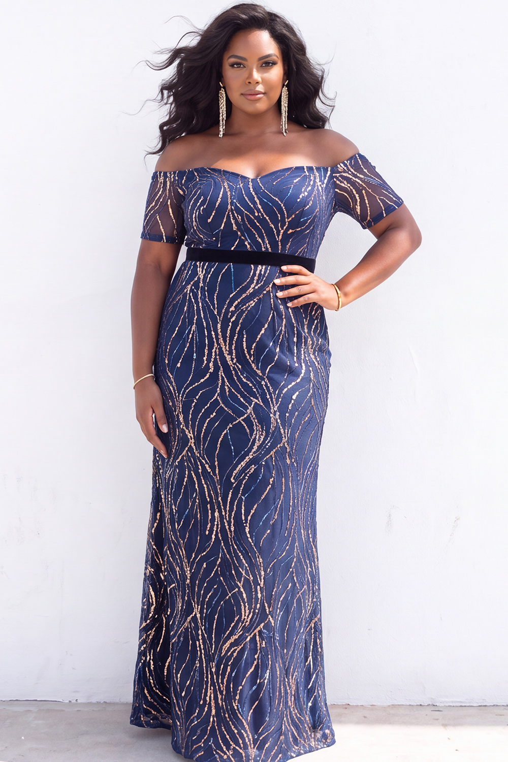 Dressself Women Blue Off the Shoulder Plus Size Mother of the Bride Dress Sequin Mermaid Long Evening Dress with Short Sleeves